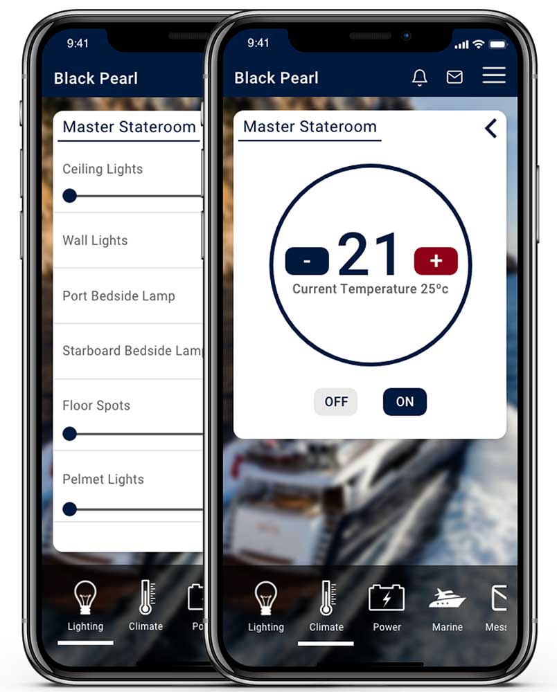 Two smartphones showing the LINK control interface for lighting and heating